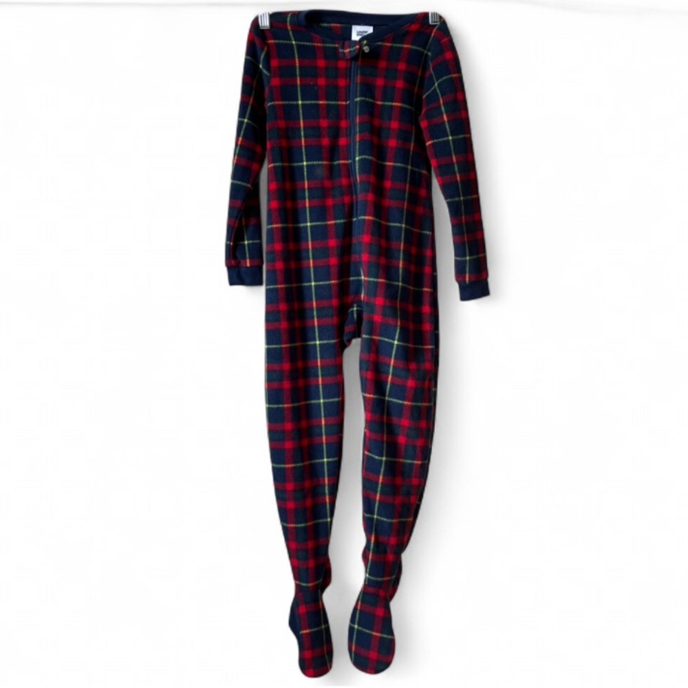 Lands' End Kids Footed Fleece Sleeper in Red Dark Navy Plaid size 5T - Picture 1 of 7